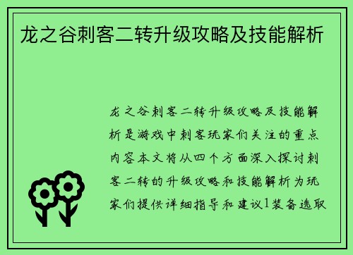 龙之谷刺客二转升级攻略及技能解析